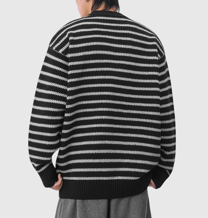 日系復古橫間條紋撞色 圓領針織毛衣 [SBK-1120]