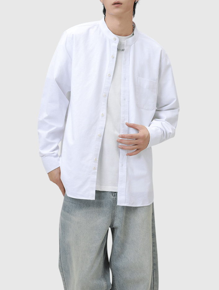 日系基礎前袋設計 純棉立領長袖恤衫 [SBS-1372]