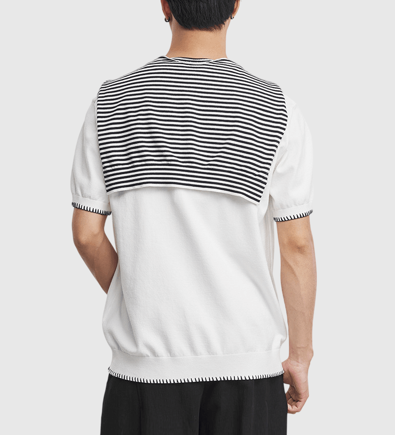 領口撞色手工縫線可拆卸披肩 短袖 T-Shirt [SBT-1553]