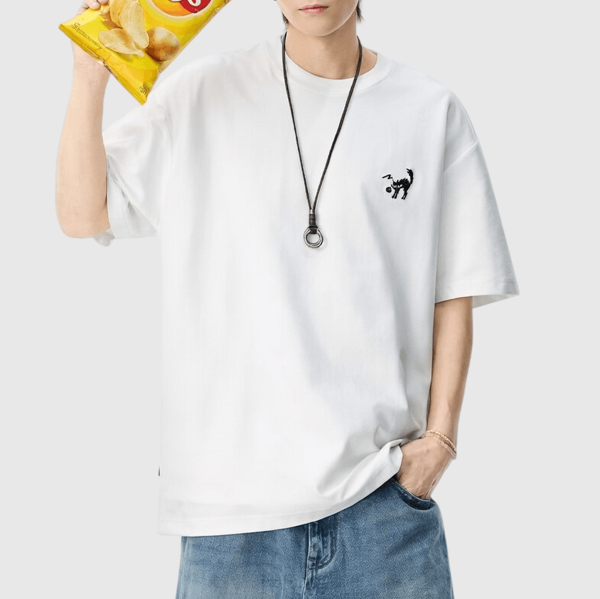 卡通貓仔細圖案刺繡 短袖 T-Shirt [SBT-1506]