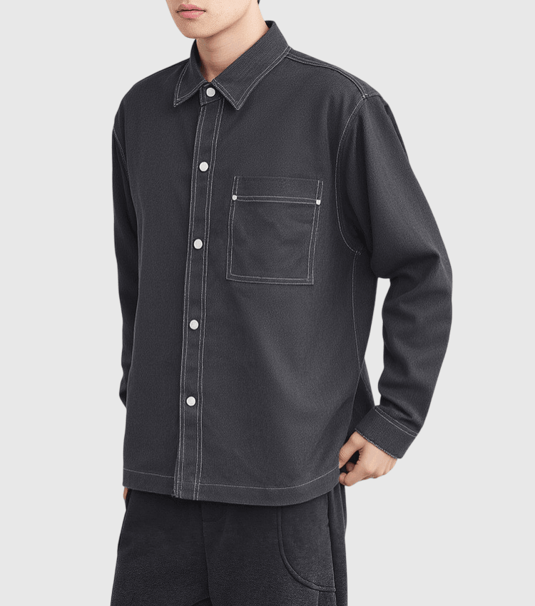 日系輕復古前袋輯明線縫紉 長袖恤衫 [SBS-1382]