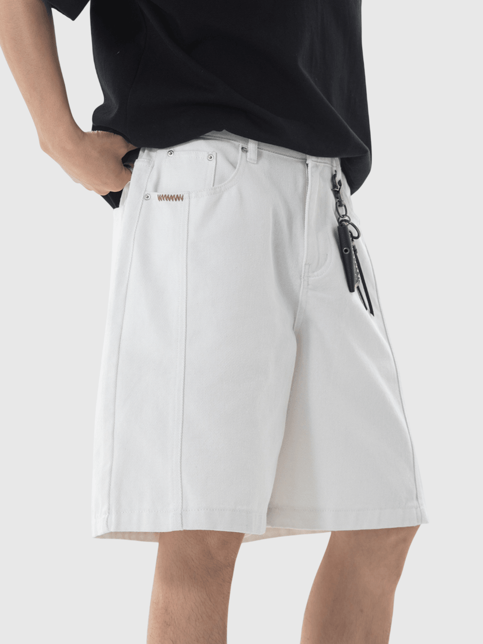 日系基礎撞色縫線刺繡設計 牛仔布短褲 [SBST-1156]