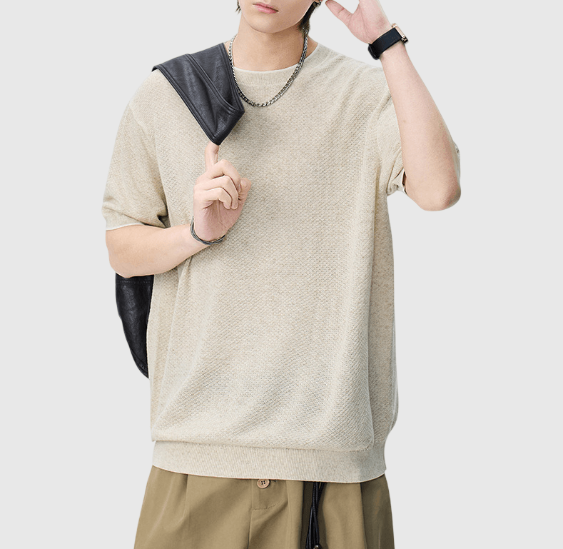 日系邊緣撞色肌理紋理設計 麻質針織透氣短袖 T-Shirt [SBT-1535]