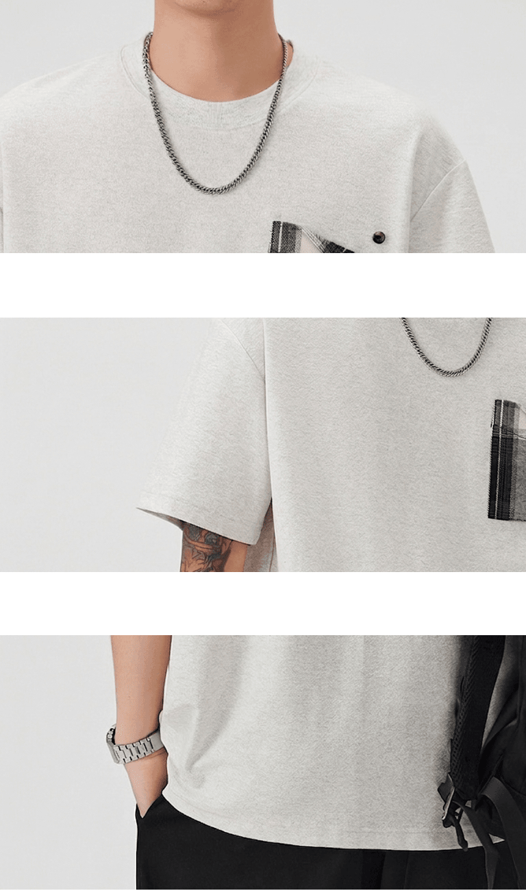 復古格紋前袋撞色拼接設計 短袖 T-Shirt [SBT-1568]