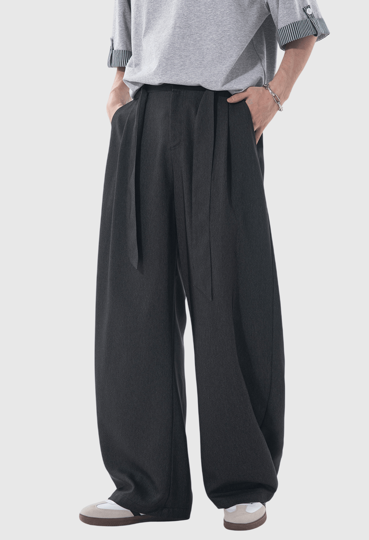 日系基礎闊腰繩設計 仿牛仔布闊腿直筒垂感長褲 [SBP-1203]