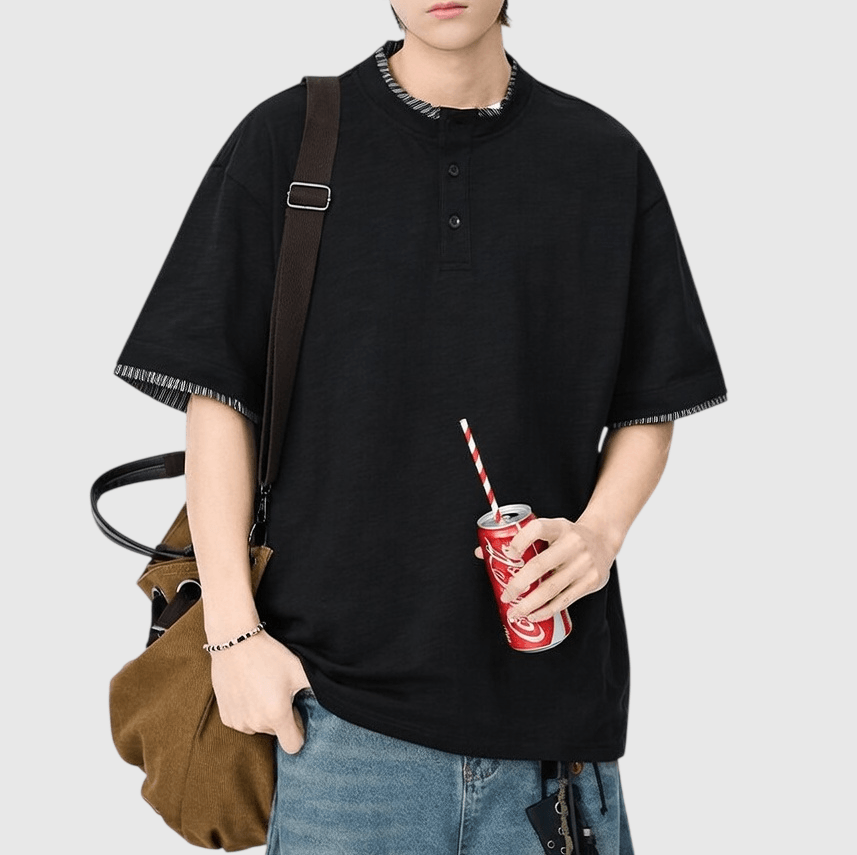 日系假兩件式條紋縫紉 亨利領純棉短袖 T-Shirt [SBT-1508]