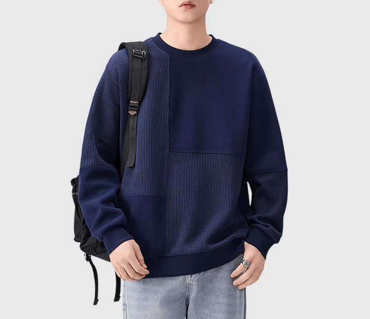 復古車縫色塊紋理拼布 圓領長袖衛衣 [SBH-1343]