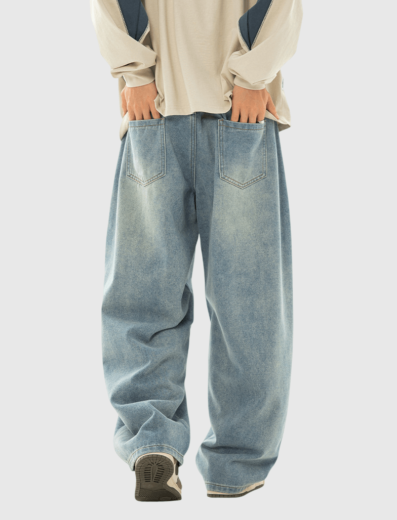 復古洗水立體縫線設計 闊腳牛仔直筒錐形長褲 [SBP-1189]