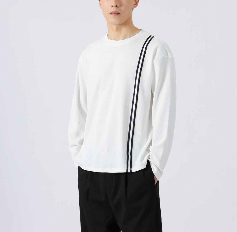 日系側身撞色縫線條紋 肌理紋理長袖 T-Shirt [CBT-1223]