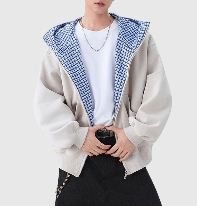 內層格仔撞色縫接 連帽衛衣外套 [CBJ-1067]