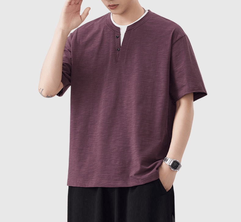 日系基礎層次假兩件式縫紉設計 亨利領純棉短袖 T-Shirt [SBT-1511]