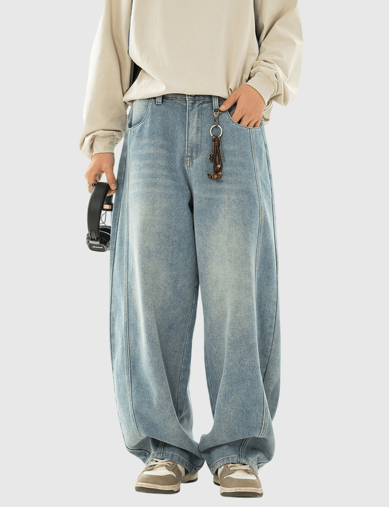復古洗水立體縫線設計 闊腳牛仔直筒錐形長褲 [SBP-1189]