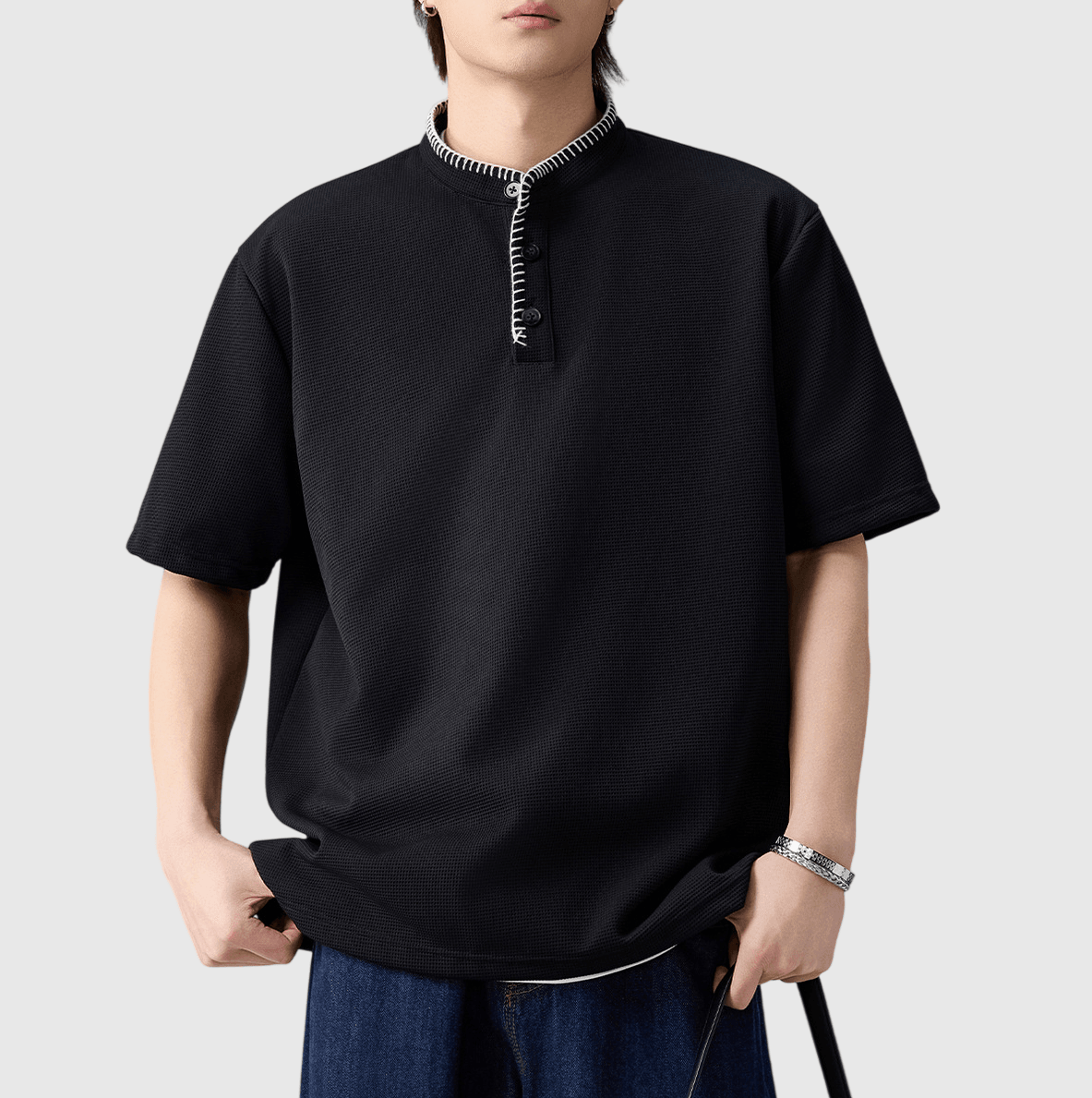 復古領口手工縫線設計 Waffle 半開領鈕扣短袖 T-Shirt [SBT-1566]