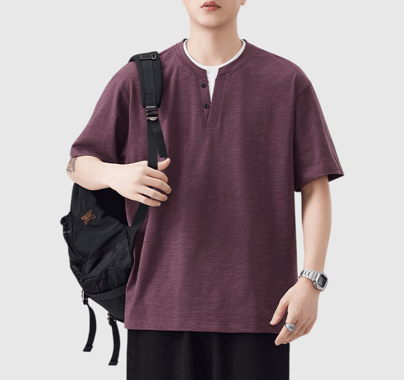 日系基礎層次假兩件式縫紉設計 亨利領純棉短袖 T-Shirt [SBT-1511]