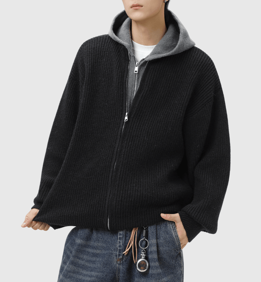 日系撞色層次假兩件式 粗線針織長袖外套 [SBO-1420]