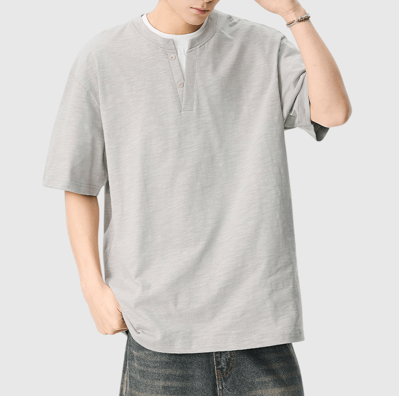 日系基礎層次假兩件式縫紉設計 亨利領天竺棉短袖 T-Shirt [SBT-1511]