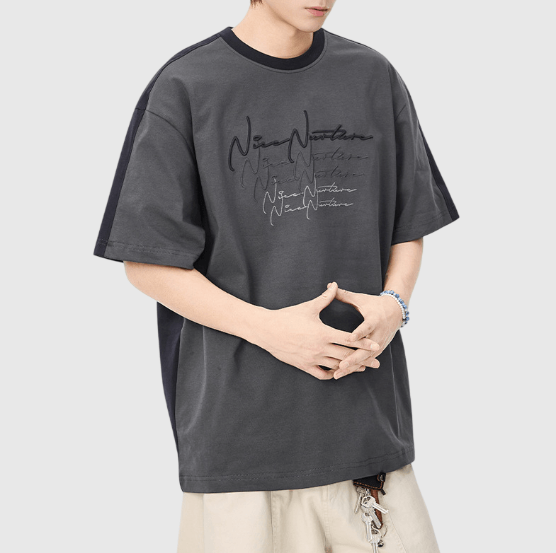 色系層次線條潦草文字刺繡設計 短袖 T-Shirt [SBT-1564]