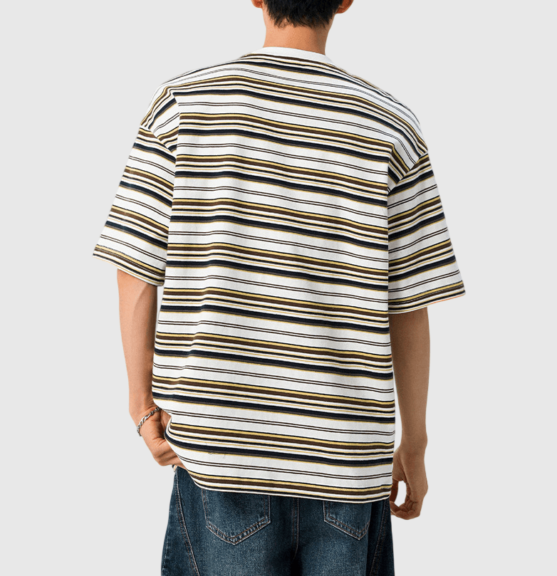 復古多色系條紋撞色燈塔小刺繡 短袖 T-Shirt [SBT-1483]