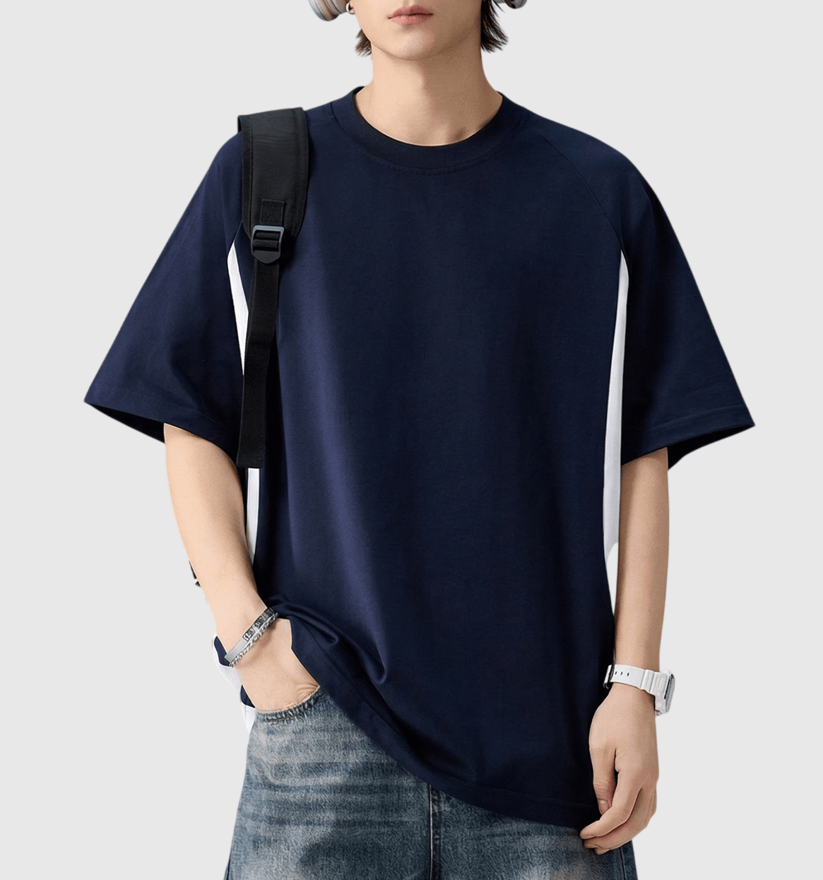 側身撞色拼布縫紉設計 短袖 T-Shirt [SBT-1584]
