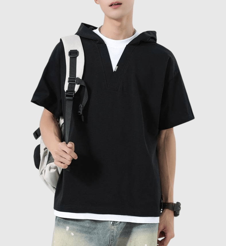 日系層次假兩件式設計 連帽重磅短袖 T-Shirt [SBT-1496]