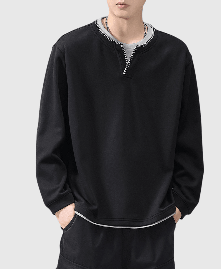 日系領口撞色手工縫線設計 假兩件式短袖 T-Shirt [SBH-1363]
