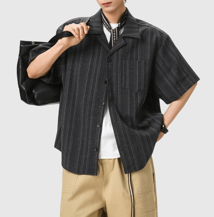 復古垂直條紋編織 垂感短袖恤衫 [SBS-1385]