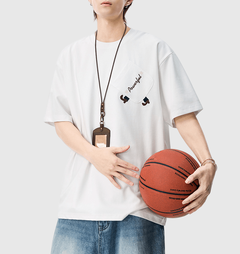 斜前袋趣味細圖案文字刺繡 短袖 T-Shirt [SBT-1505]