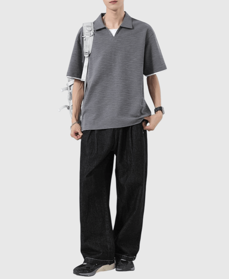 日系基礎假兩件式 V 領設計 天竺棉短袖 POLO T-Shirt [SBT-1499]