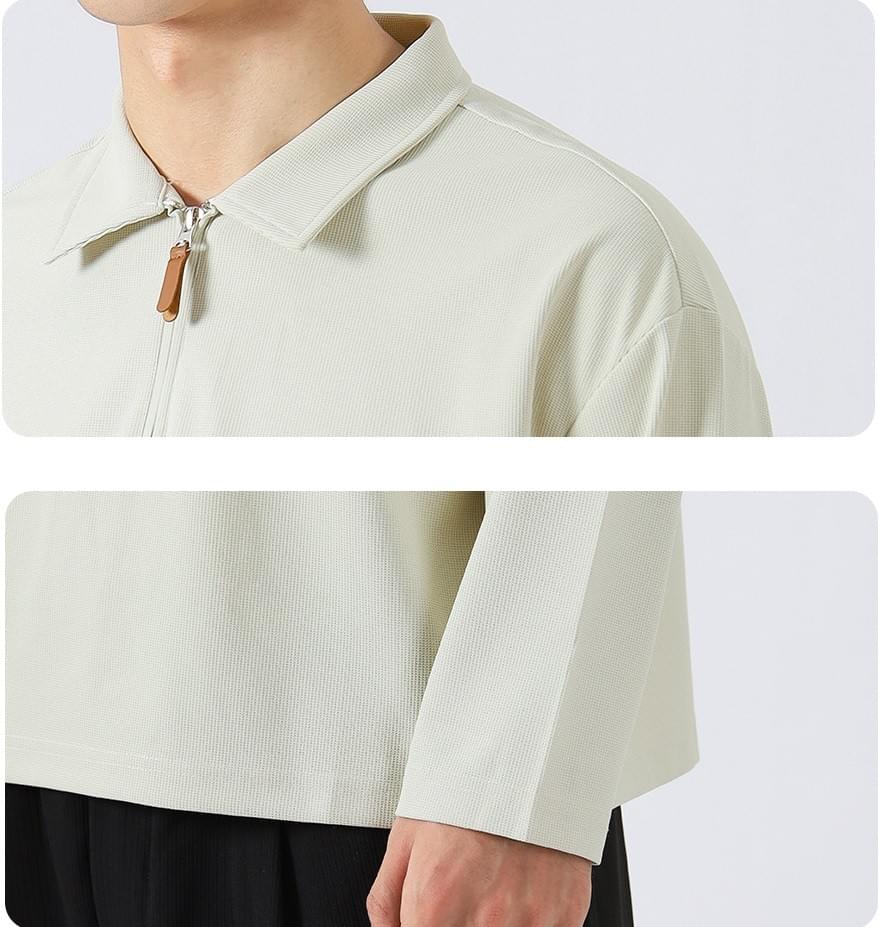 皮革撞色半拉鍊  重磅肌理紋理長袖 POLO T-Shirt [CBT-1119]