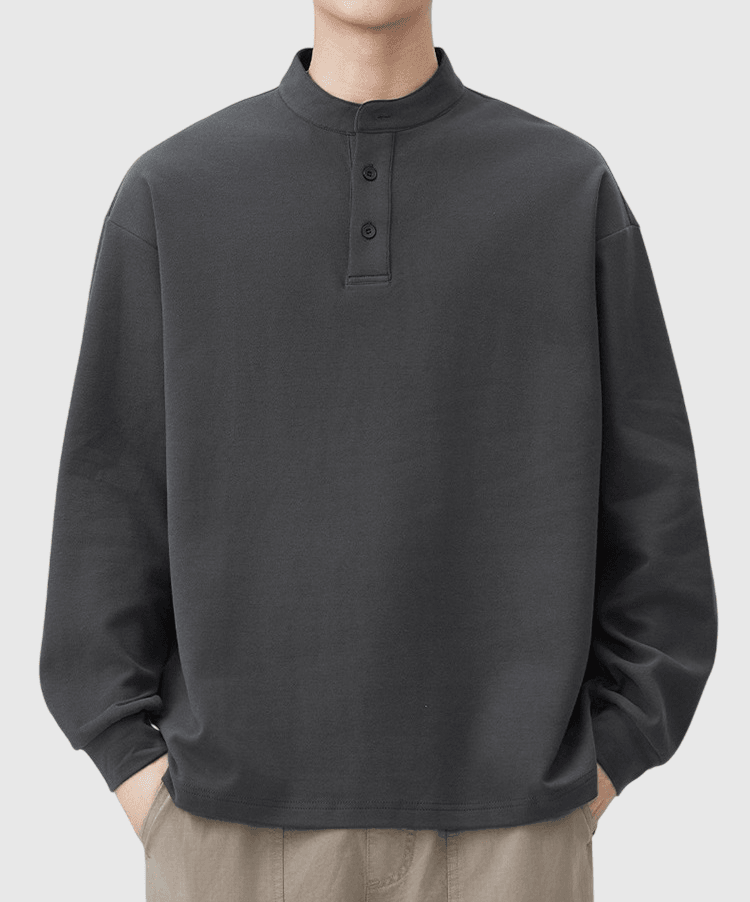 復古半開襟鈕扣 亨利領純棉長袖 T-Shirt [SBT-1451]