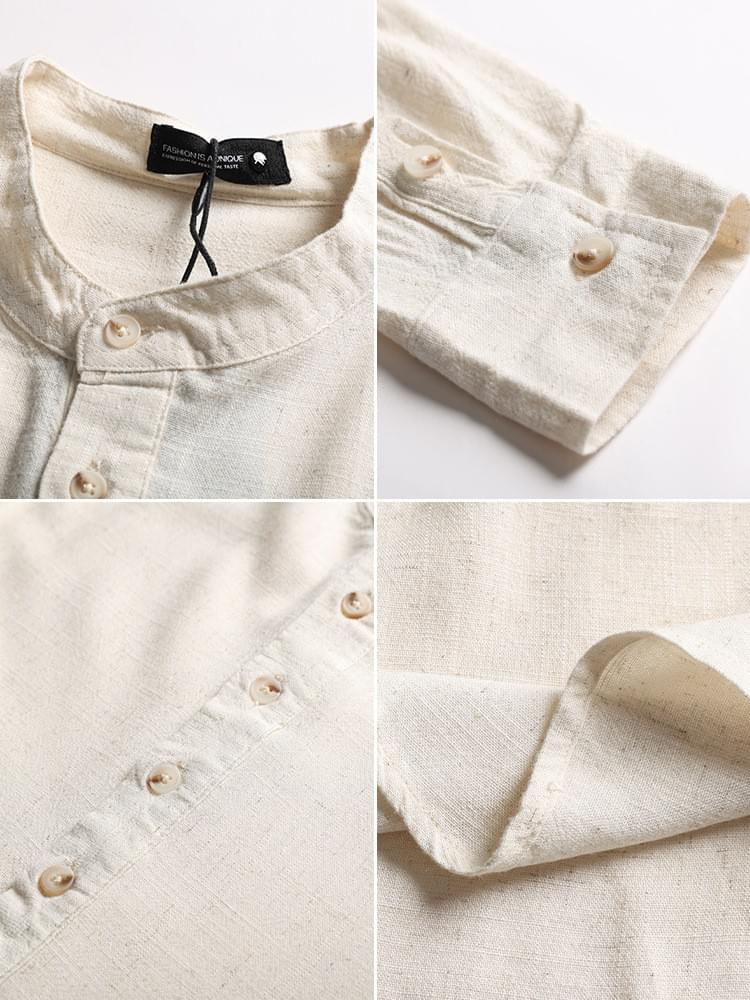 復古基礎色系牛角鈕扣 亨利領麻質透氣短袖 T-Shirt [SBT-1591]