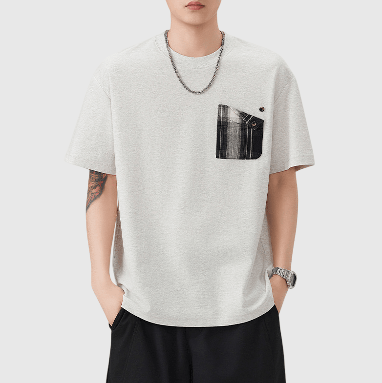 復古格紋前袋撞色拼接設計 短袖 T-Shirt [SBT-1568]