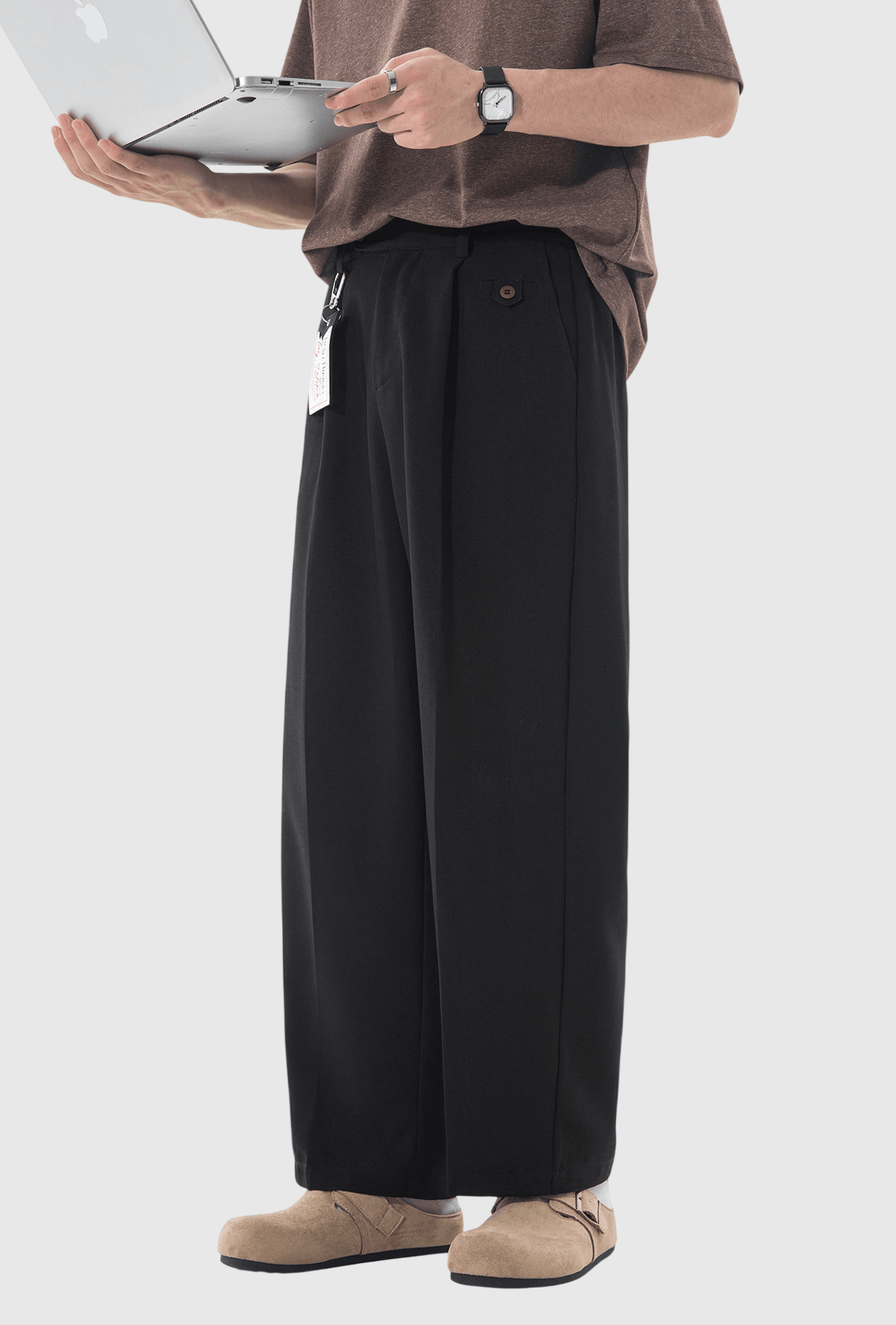 日系基礎鈕扣帶設計 垂感透氣闊腳西裝九分褲 [SBP-1205]