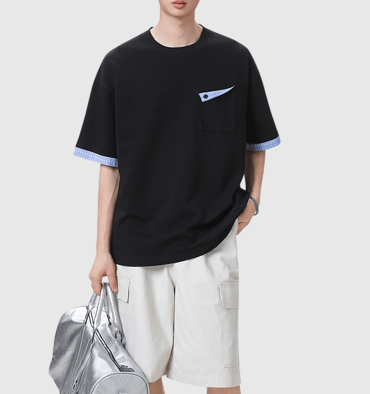 日系格紋拼布前袋反向設計 短袖 T-Shirt [SBT-1570]