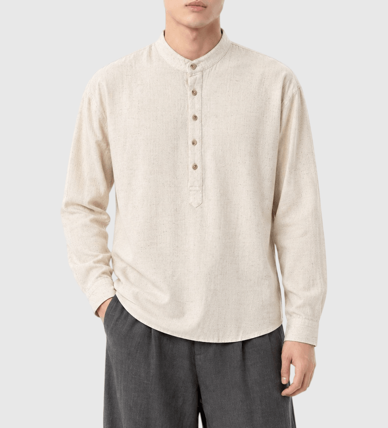復古基礎色系牛角鈕扣 亨利領麻質透氣短袖 T-Shirt [SBT-1591]