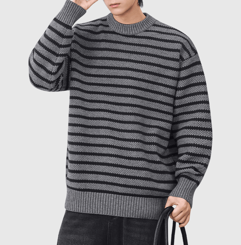 日系復古橫間條紋撞色 圓領針織毛衣 [SBK-1120]