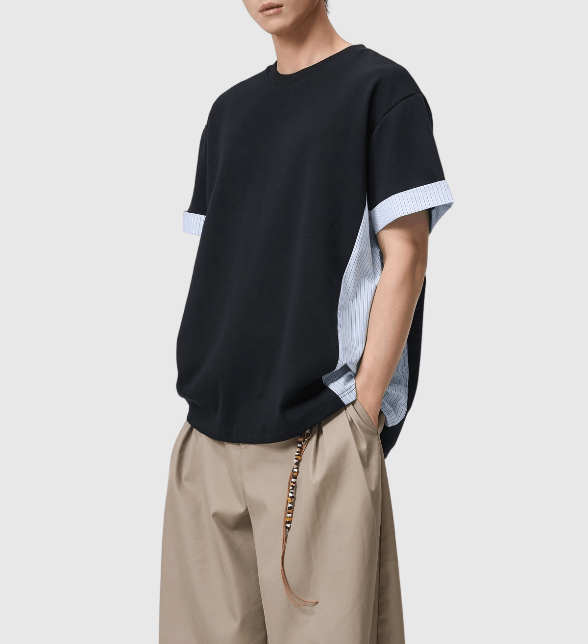 日系條紋拼布縫紉拼接設計 短袖 T-Shirt [SBT-1578]