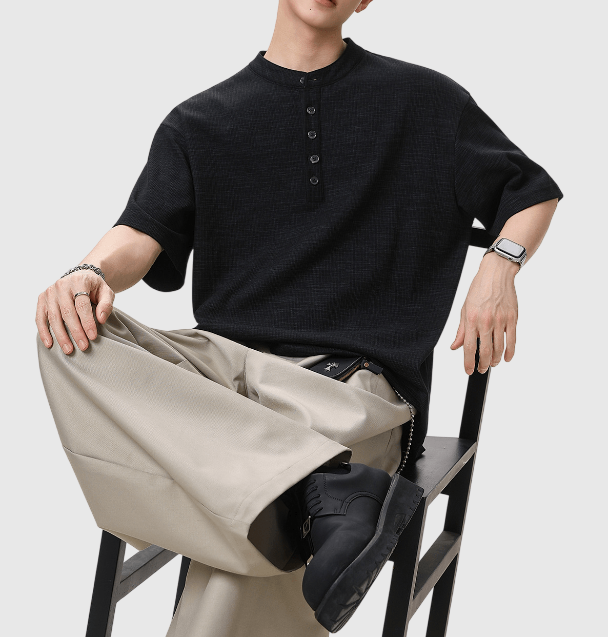 日系混色編織紋理設計 亨利領透氣短袖 T-Shirt [SBT-1552]
