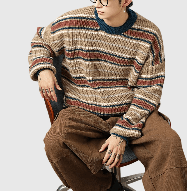 復古撞色條紋粗線針織紋理 重磅圓領毛衣 [SBK-1084]
