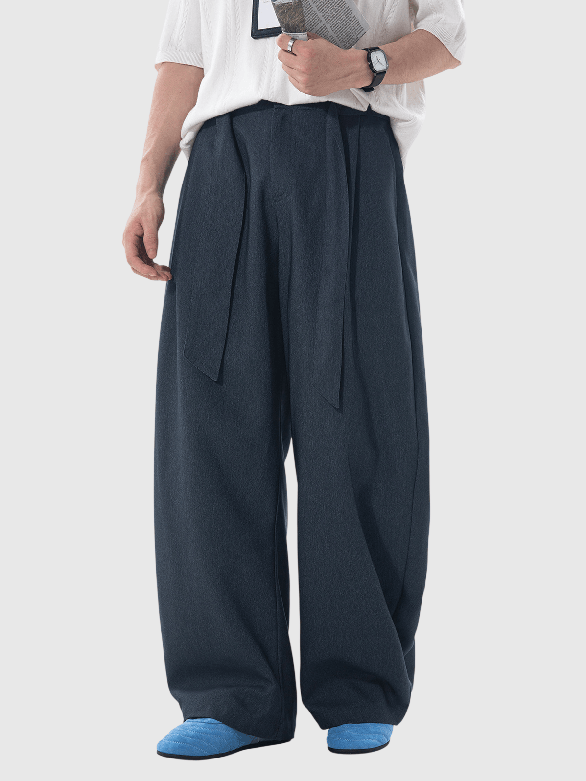 日系基礎闊腰繩設計 仿牛仔布闊腿直筒垂感長褲 [SBP-1203]