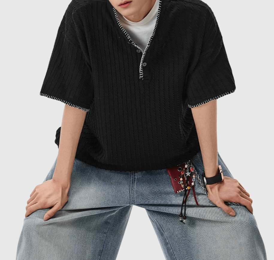 日系領口撞色手工縫線設計 半開領鈕扣短袖 T-Shirt [SBT-1481]