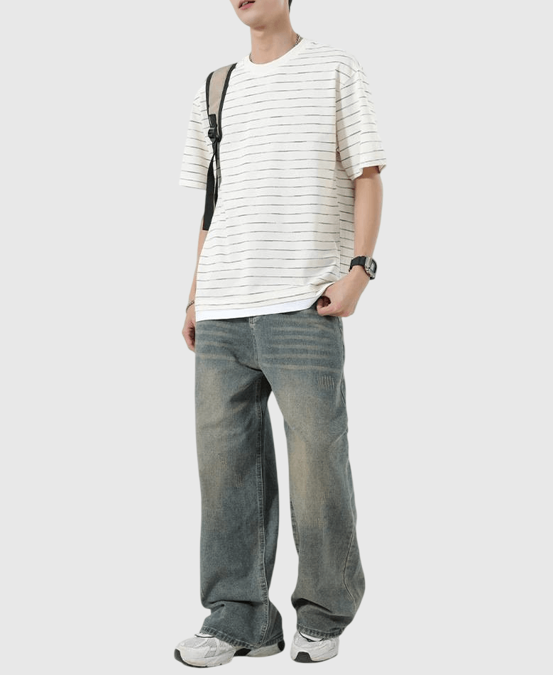 日系漸變色條紋假兩件式設計 短袖 T-Shirt [SBT-1491]