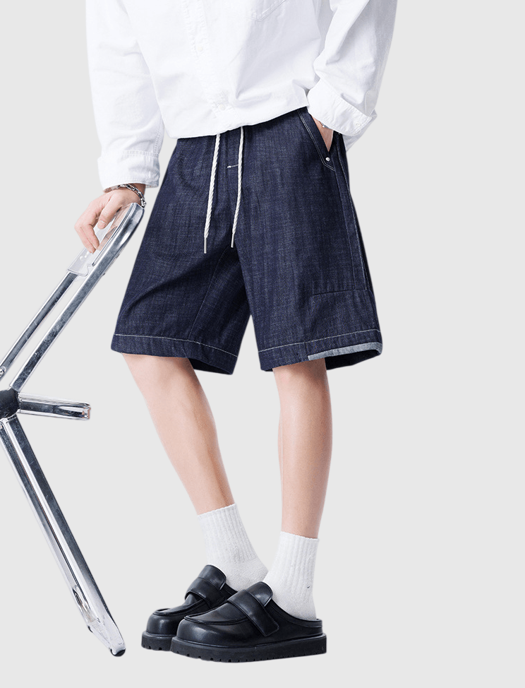 日系褲腳色系拼布設計 仿牛仔透氣短褲 [SBST-1167]