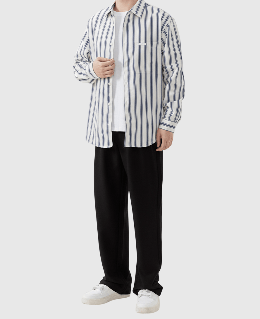 日系手袖牛仔布縫紉條紋色織 長袖恤衫 [SBS-1389]