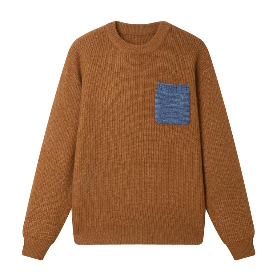 日系前袋混色縫紉 圓領針織毛衣 [SBK-1137]