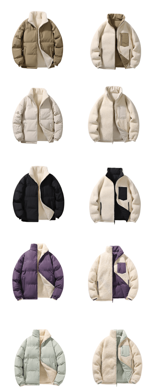 日系拉鍵前袋色系撞色 雙面穿著絨毛粒拼風褸夾棉外套 [SBO-1492]