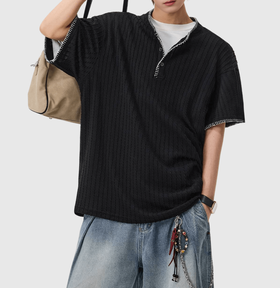 日系領口撞色手工縫線設計 半開領鈕扣短袖 T-Shirt [SBT-1481]