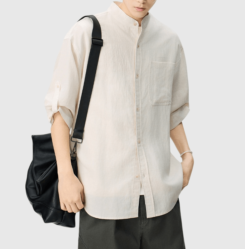 日系基礎可摺疊手袖設計 麻質半領短袖恤衫 [SBS-1396]