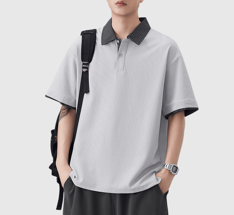 日系格紋假兩件式設計 短袖 POLO T-Shirt [SBT-1504]