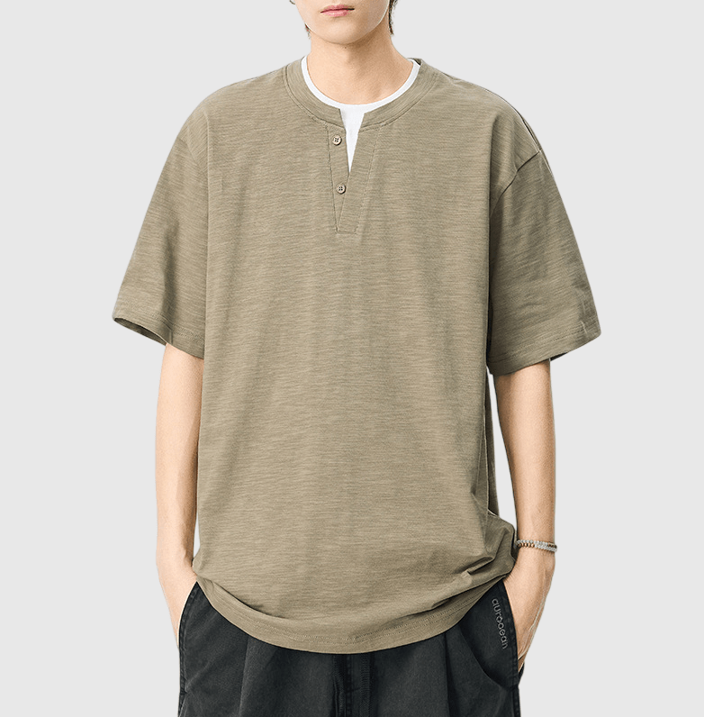 日系基礎層次假兩件式縫紉設計 亨利領天竺棉短袖 T-Shirt [SBT-1511]